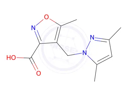 Chemical structure of 4-[(3,5-Dimethyl-1H-pyrazol-1-yl)methyl]-5-methylisoxazole-3-carboxylic Acid
