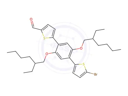 Chemical structure of 5-(4-(5-bromothiophen-2-yl)-2,5-bis((2-ethylhexyl)oxy)phenyl)thiophene-2-carbaldehyde