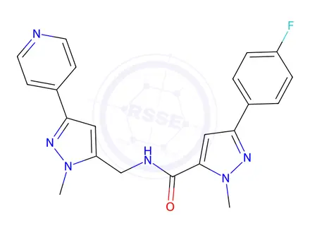 Chemical structure of 3-(4-Fluorophenyl)-1-methyl-N-((1-methyl-3-(pyridin-4-yl)-1H-pyrazol-5-yl)methyl)-1H-pyrazole-5-carboxamide