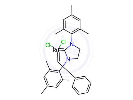 Chemical structure of Ruthenium, [1,3-bis(2,4,6-trimethylphenyl)-2-imidazolidinylidene]dichloro(phenylmethylene)(tricyclohexylphosphine) (BSC)
