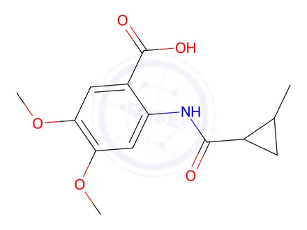 Chemical structure of 4,5-dimethoxy-2-{[(2-methylcyclopropyl)carbonyl]amino}benzoic acid