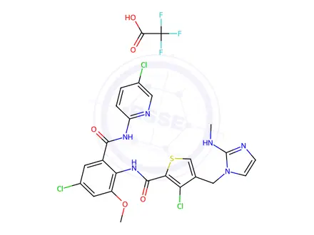 Chemical structure of 3-Chloro-N-(4-chloro-2-((5-chloropyridin-2-yl)carbamoyl)-6-methoxyphenyl)-4-((2-(methylamino)-1H-imidazol-1-yl)methyl)thiophene-2-carboxamide 2,2,2-trifluoroacetate