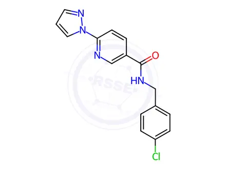 Chemical structure of N-(4-chlorobenzyl)-6-(1H-pyrazol-1-yl)nicotinamide