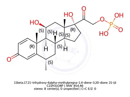 Chemical structure of 11beta,17,21-trihydroxy-6alpha-methylpregna-1,4-diene-3,20-dione 21-(dihydrogen phosphate)