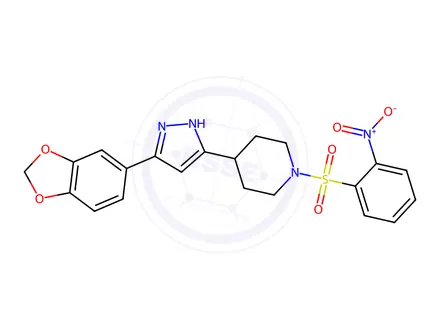 Chemical structure of 4-[5-(1,3-benzodioxol-5-yl)-1H-pyrazol-3-yl]-1-[(2-nitrophenyl)sulfonyl]piperidine
