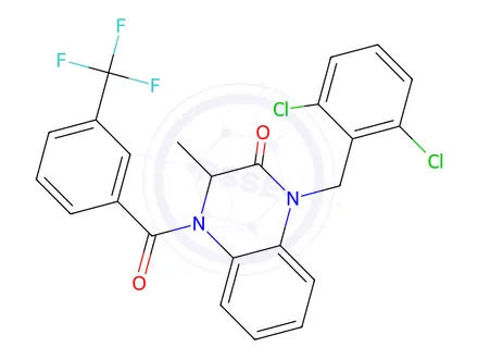 Chemical structure of 1-[(2,6-Dichlorophenyl)methyl]-3-methyl-4-[3-(trifluoromethyl)benzoyl]-1,2,3,4-tetrahydroquinoxalin-2-one