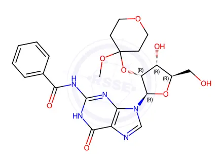 Chemical structure of N-(9-((2R,3R,4R,5R)-4-Hydroxy-5-(hydroxymethyl)-3-((4-methoxytetrahydro-2H-pyran-4-yl)oxy)tetrahydrofuran-2-yl)-6-oxo-6,9-dihydro-1H-purin-2-yl)benzamide