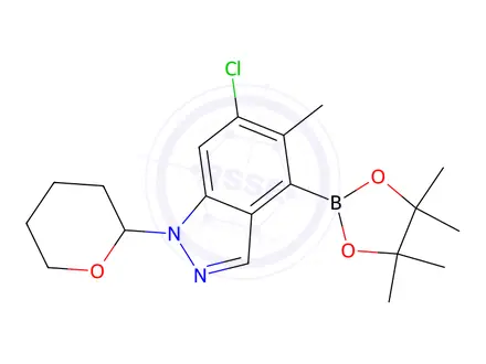 Chemical structure of 6-Chloro-5-methyl-1-(tetrahydro-pyran-2-yl)-4-(4,4,5,5-tetramethyl-[1,3,2]dioxaborolan-2-yl)-1H-indazole