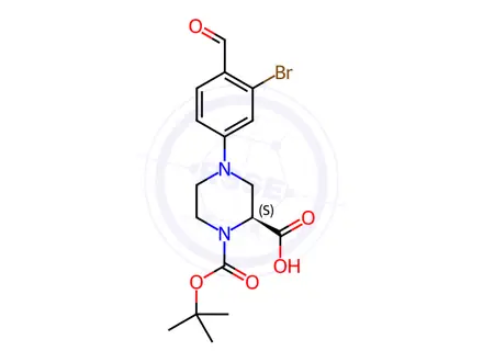 Chemical structure of (S)-4-(3-Bromo-4-formylphenyl)-1-(tert-butoxy-carbonyl)piperazine-2-carboxylic acid
