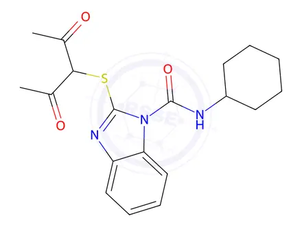 Chemical structure of 2-[(1-Acetyl-2-oxopropyl)thio]-N-cyclohexyl-1H-benzimidazole-1-carboxamide