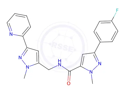 Chemical structure of 3-(4-Fluorophenyl)-1-methyl-N-((1-methyl-3-(pyridin-2-yl)-1H-pyrazol-5-yl)methyl)-1H-pyrazole-5-carboxamide