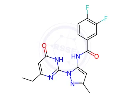 Chemical structure of N-[2-(6-ethyl-4-oxo-1H-pyrimidin-2-yl)-5-methylpyrazol-3-yl]-3,4-difluorobenzamide