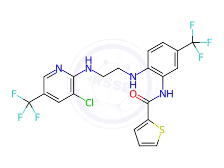Chemical structure of N-{2-[(2-{[3-chloro-5-(trifluoromethyl)pyridin-2-yl]amino}ethyl)amino]-5-(trifluoromethyl)phenyl}thiophene-2-carboxamide
