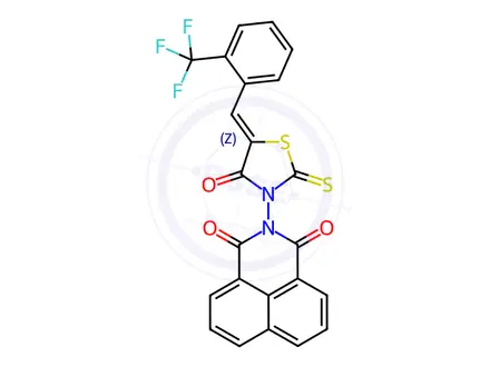 Chemical structure of 3-[(5Z)-4-Oxo-2-sulfanylidene-5-{[2-(trifluoromethyl)phenyl]methylidene}-1,3-thiazolidin-3-yl]-3-azatricyclo[7.3.1.0^{5,13}]trideca-1(13),5,7,9,11-pentaene-2,4-dione