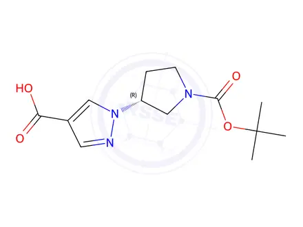 Chemical structure of (R)-1-(1-(tert-butoxycarbonyl)pyrrolidin-3-yl)-1H-pyrazole-4-carboxylic acid