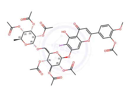 Chemical structure of 2-[3-(Acetyloxy)-4-methoxyphenyl]-5-hydroxy-6-iodo-7-[[2,3,4-tri-O-acetyl-6-O-(2,3,4-tri-O-acetyl-6-deoxy-α-L-mannopyranosyl)-β-D-glucopyranosyl]oxy]-4H-1-Benzopyran-4-one