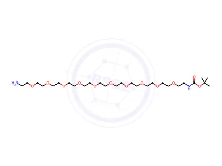 Chemical structure of 5,8,11,14,17,20,23,26,29,32-Decaoxa-2-azatetratriacontanoic acid, 34-amino-, 1,1-dimethylethyl ester