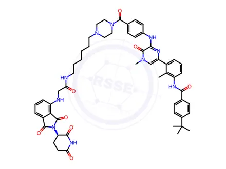 Chemical structure of Benzamide, 4-(1,1-dimethylethyl)-N-[3-[6-[[4-[[4-[6-[[2-[[2-(2,6-dioxo-3-piperidinyl)-2,3-dihydro-1,3-dioxo-1H-isoindol-4-yl]amino]acetyl]amino]hexyl]-1-piperazinyl]carbonyl]phenyl]amino]-4,5-dihydro-4-methyl-5-oxo-2-pyrazinyl]-2-methylphenyl]-