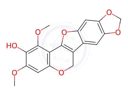Chemical structure of 1,3-Dimethoxy-6H-[1,3]dioxolo[5,6]benzofuro[3,2-c][1]benzopyran-2-ol