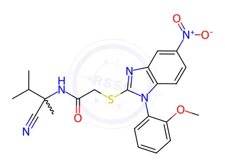 Chemical structure of N-(2-Cyano-3-methylbutan-2-yl)-2-((1-(2-methoxyphenyl)-5-nitro-1H-benzo[d]imidazol-2-yl)thio)acetamide