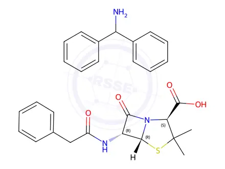 Chemical structure of [2S-(2alpha,5alpha,6beta)]-3,3-dimethyl-7-oxo-6-[(phenylacetyl)amino]-4-thia-1-azabicyclo[3.2.0]heptane-2-carboxylic acid, compound with alpha-phenylbenzylamine