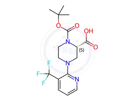 Chemical structure of (S)-1-(tert-Butoxycarbonyl)-4-(3-(trifluoromethyl)-pyridin-2-yl)piperazine-2-carboxylic acid