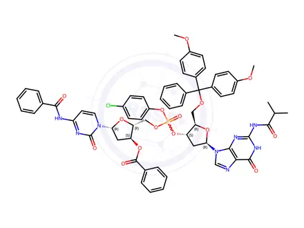 Chemical structure of N-benzoyl-3'-O-benzoyl-P-(4-chlorophenyl)-2'-deoxycytidylyl-(5'->3')-5'-O-[bis(4-methoxyphenyl)phenylmethyl]-2'-deoxy-N-(2-methyl-1-oxopropyl)guanosine