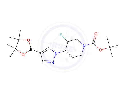 Chemical structure of Tert-butyl 3-fluoro-4-(4-(4,4,5,5-tetramethyl-1,3,2-dioxaborolan-2-yl)-1H-pyrazol-1-yl)piperidine-1-carboxylate