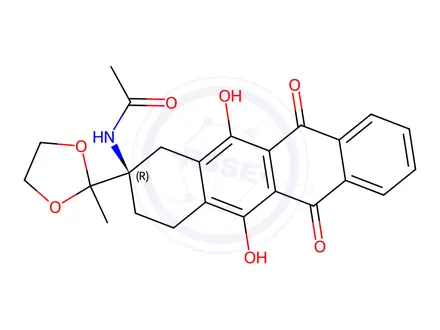 Chemical structure of (R)-N-(5,12-dihydroxy-2-(2-methyl-1,3-dioxolan-2-yl)-6,11-dioxo-1,2,3,4,6,11-hexahydrotetracen-2-yl)acetamide