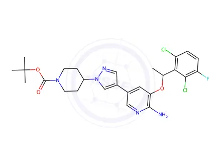 Chemical structure of tert-Butyl 4-(4-(6-amino-5-(1-(2,6-dichloro-3-fluorophenyl)ethoxy)pyridin-3-yl)-1H-pyrazol-1-yl)piperidine-1-carboxylate