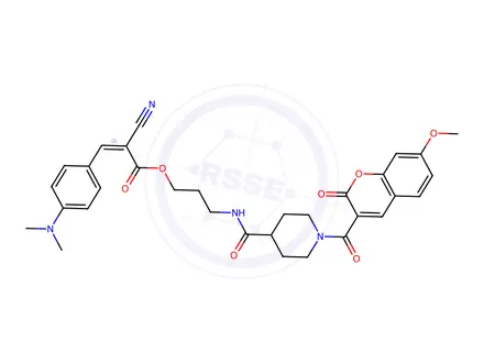 Chemical structure of 3-(1-(7-Methoxy-2-oxo-2H-chromene-3-carbonyl)piperidine-4-carboxamido)propyl 2-cyano-3-(4-(dimethylamino)phenyl)acrylate