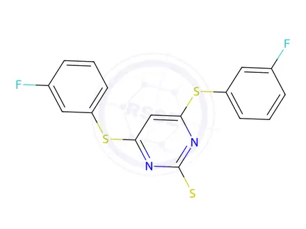 Chemical structure of 4,6-Bis[(3-fluorophenyl)sulfanyl]-2-(methylsulfanyl)pyrimidine