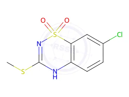 Chemical structure of 7-chloro-3-(methylthio)-4H-benzo[e][1,2,4]thiadiazine 1,1-dioxide