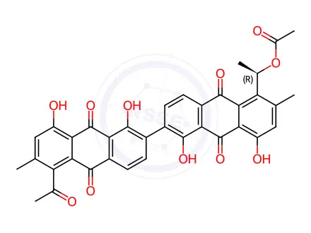 Chemical structure of 5-[(R)-1-Acetoxyethyl]-5'-acetyl-6,6'-dimethyl-1,1',8,8'-tetrahydroxy-2,2'-bianthraquinone