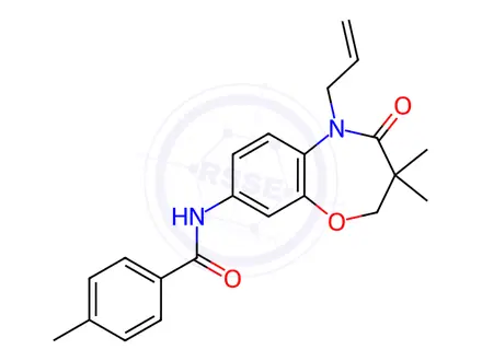 Chemical structure of N-(3,3-dimethyl-4-oxo-5-prop-2-enyl-2H-1,5-benzoxazepin-8-yl)-4-methylbenzamide