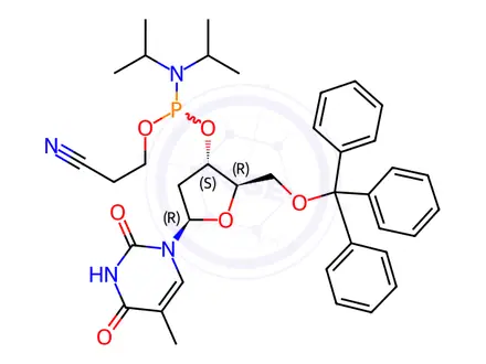 Chemical structure of Thymidine, 5'-O-(triphenylmethyl)-, 3'-[2-cyanoethyl bis(1-methylethyl)phosphoramidite] (9CI)