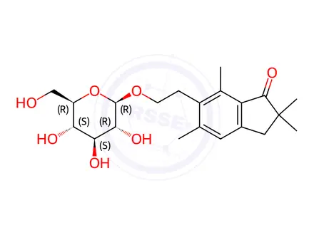 Chemical structure of 6-[2-(β-D-Glucopyranosyloxy)ethyl]-2,3-dihydro-2,2,5,7-tetramethyl-1H-inden-1-one