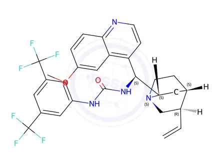 Chemical structure of N-[3,5-Bis(trifluoromethyl)phenyl]-N'-[(8α,9S)-6'-methoxycinchonan-9-yl]urea