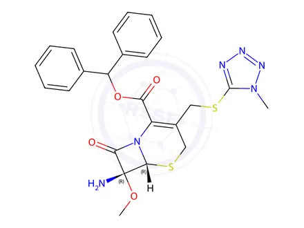 Chemical structure of (6R,7R)-benzhydryl 7-amino-7-methoxy-3-(((1-methyl-1H-tetrazol-5-yl)thio)methyl)-8-oxo-5-thia-1-azabicyclo[4.2.0]oct-2-ene-2-carboxylate