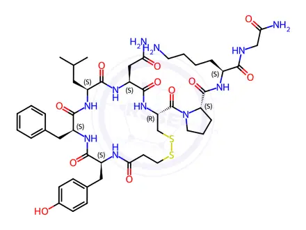 Chemical structure of (S)-N-((S)-6-Amino-1-((2-amino-2-oxoethyl)amino)-1-oxohexan-2-yl)-1-((4R,7S,10S,13S,16S)-7-(2-amino-2-oxoethyl)-13-benzyl-16-(4-hydroxybenzyl)-10-isobutyl-6,9,12,15,18-pentaoxo-1,2-dithia-5,8,11,14,17-pentaazacycloicosane-4-carbonyl)pyrrolidine-2-carboxamide