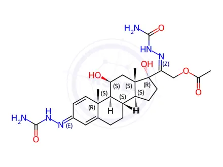 Chemical structure of (Z)-2-(2-Carbamoylhydrazono)-2-((8S,9S,10R,11S,13S,14S,17R,E)-3-(2-carbamoylhydrazono)-11,17-dihydroxy-10,13-dimethyl-6,7,8,9,10,11,12,13,14,15,16,17-dodecahydro-3H-cyclopenta[a]phenanthren-17-yl)ethyl acetate