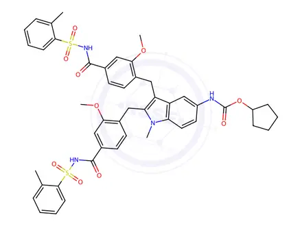 Chemical structure of Cyclopentyl (2,3-bis(2-Methoxy-4-((o-tolylsulfonyl)carbamoyl)benzyl)-1-methyl-1H-indol-5-yl)carbamate