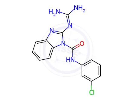 Chemical structure of N-(3-chlorophenyl)-2-(diaminomethylideneamino)benzimidazole-1-carboxamide