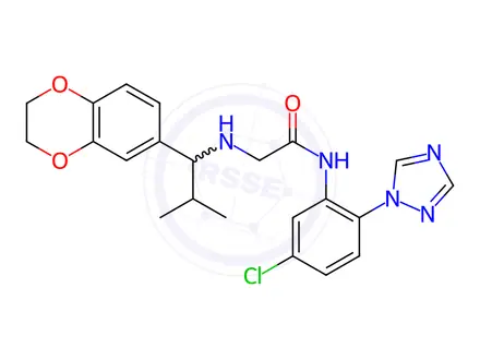 Chemical structure of N-[5-chloro-2-(1H-1,2,4-triazol-1-yl)phenyl]-2-{[1-(2,3-dihydro-1,4-benzodioxin-6-yl)-2-methylpropyl]amino}acetamide