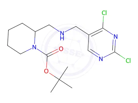Chemical structure of tert-butyl 2-((((2,4-dichloropyrimidin-5-yl)methyl)amino)methyl)piperidine-1-carboxylate