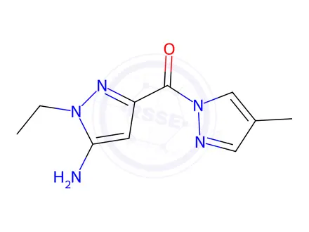Chemical structure of 1-ethyl-3-[(4-methyl-1H-pyrazol-1-yl)carbonyl]-1H-pyrazol-5-amine