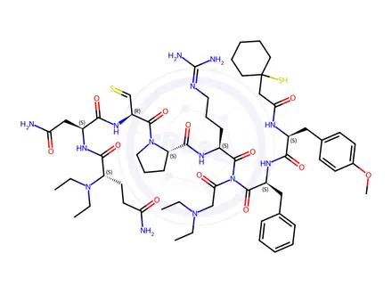 Chemical structure of vasopressin, N,N-diethylamide 1-(1-mercaptocyclohexaneacetic acid)-2-O-methyl-Tyr-4-glutamic acid (gamma-N,N-diethylamide)-8-Arg-