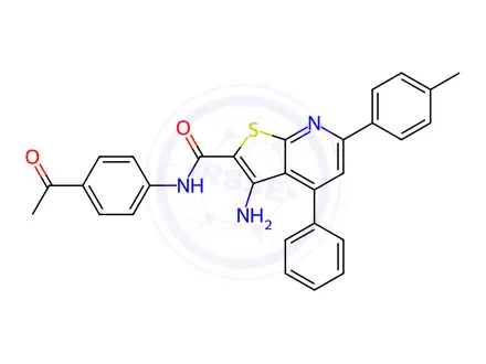 Chemical structure of N-(4-acetylphenyl)-3-amino-4-phenyl-6-(p-tolyl)thieno[2,3-b]pyridine-2-carboxamide