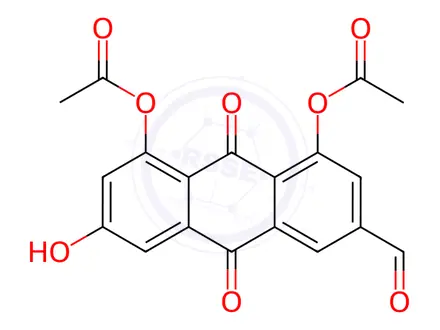 Chemical structure of 3-formyl-6-hydroxy-9,10-dioxo-9,10-dihydroanthracene-1,8-diyl diacetate