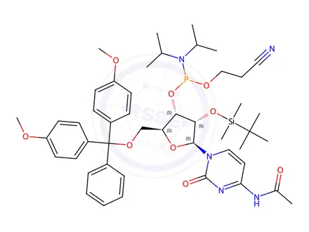 Chemical structure of (2S,3S,4S,5S)-5-(4-Acetamido-2-oxopyrimidin-1(2H)-yl)-2-((bis(4-methoxyphenyl)(phenyl)methoxy)methyl)-4-((tert-butyldimethylsilyl)oxy)tetrahydrofuran-3-yl (2-cyanoethyl) diisopropy